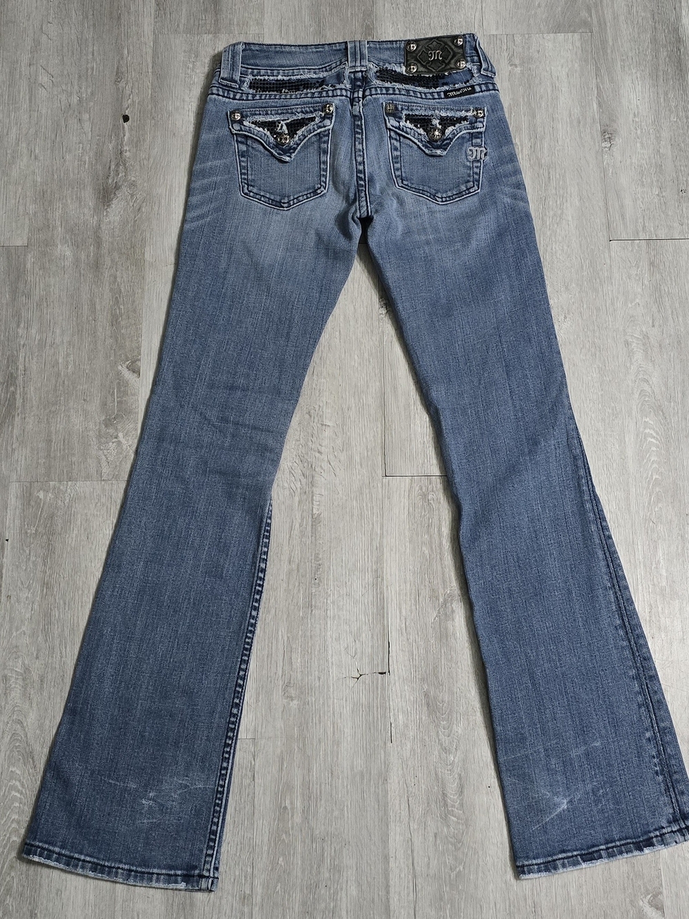 Vintage Y2K Miss Me Low Rise Bootcut Denim Flare Jeans Blue Embellished Size 27